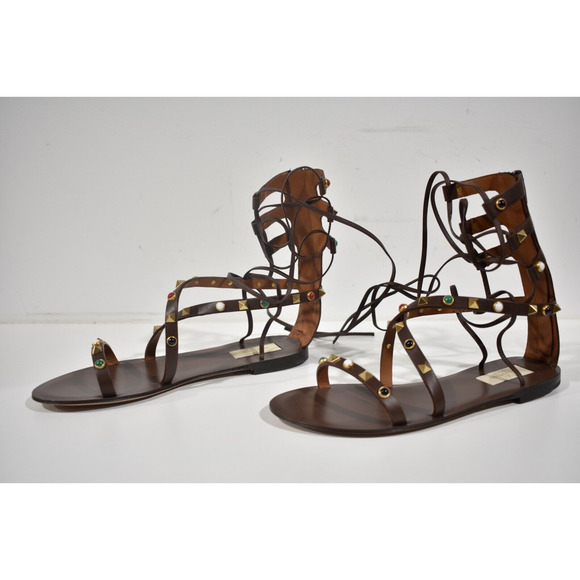 Valentino Rockstud Brown Beaded Strap Gladiator Lace Up Tie Ankle Flat Sandal 38 - Picture 9 of 12